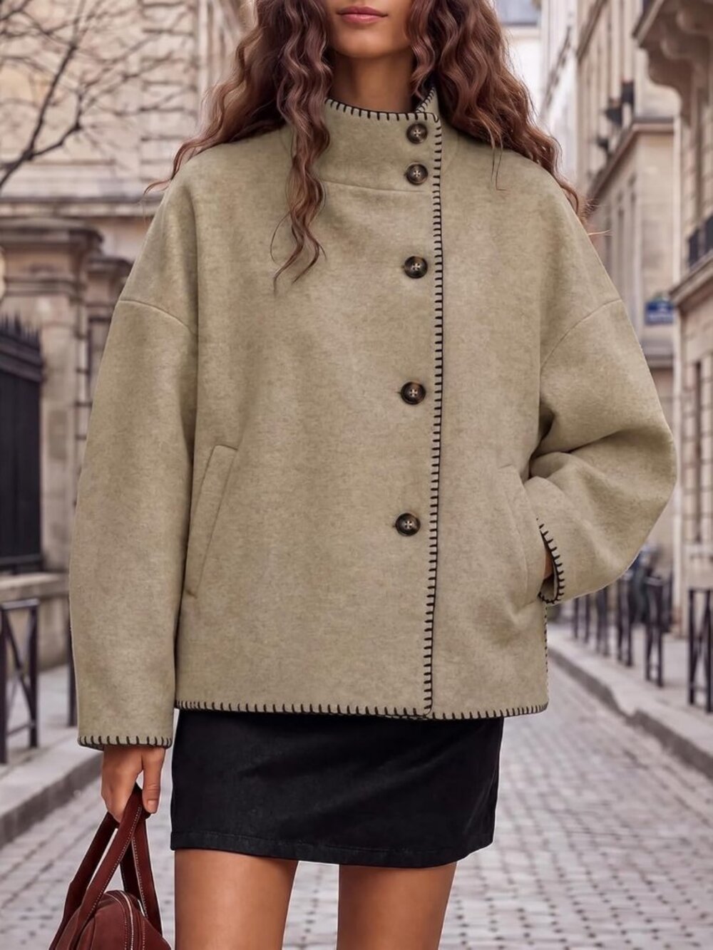 Cropped Oversized Wool Peacoat with Stand Collar for Women - Winter Fashion - Picture 2 of 6